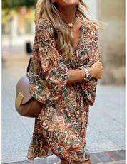 Zomerse Dames Boho Mini Jurk Met Lange Mouwen En Print