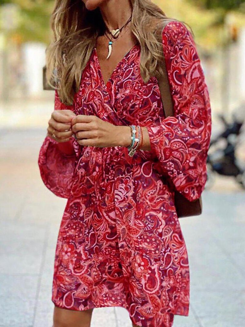 Zomerse Dames Boho Mini Jurk Met Lange Mouwen En Print