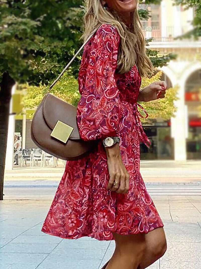 Zomerse Dames Boho Mini Jurk Met Lange Mouwen En Print