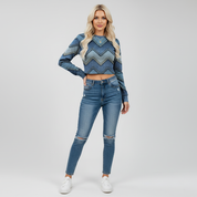 Sweatshirt Chevron Vintage en Look Denim pour Femme à Manches Longues