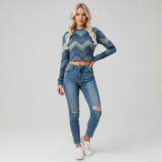 Sweatshirt Chevron Vintage en Look Denim pour Femme à Manches Longues
