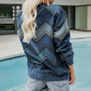 Sweatshirt Chevron Vintage en Look Denim pour Femme à Manches Longues