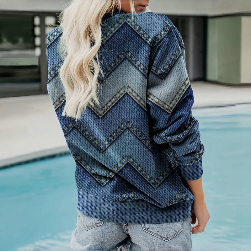Sweatshirt Chevron Vintage en Look Denim pour Femme à Manches Longues