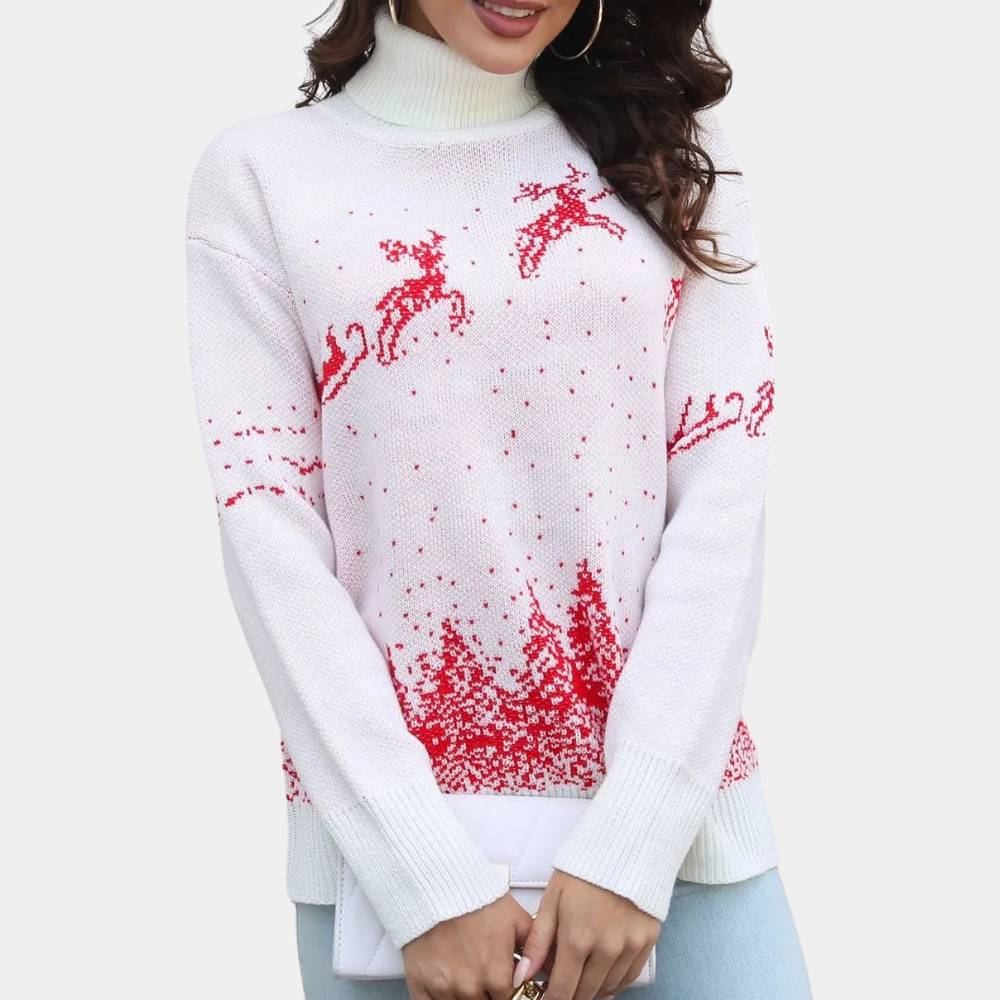 White Christmas Sweater for Women with Reindeer Print Knitted and Warm