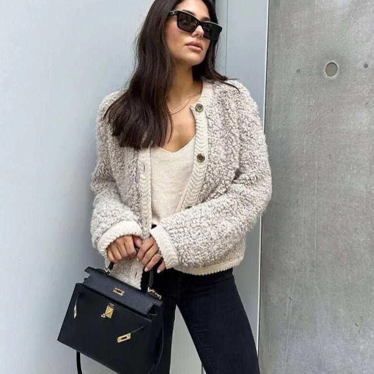Gilet teddy pour femmes, chaud et doux avec boutons et poches