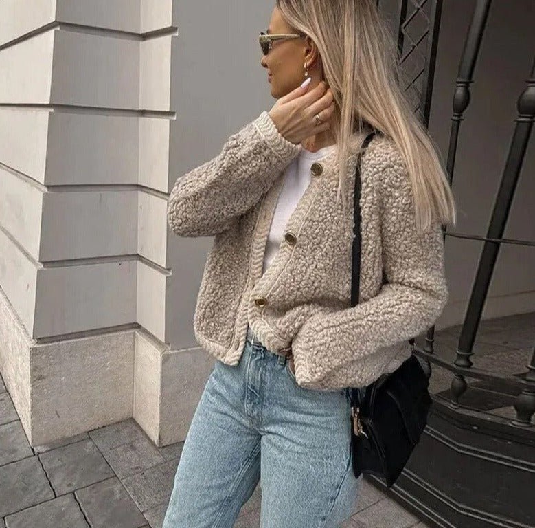 Gilet teddy pour femmes, chaud et doux avec boutons et poches
