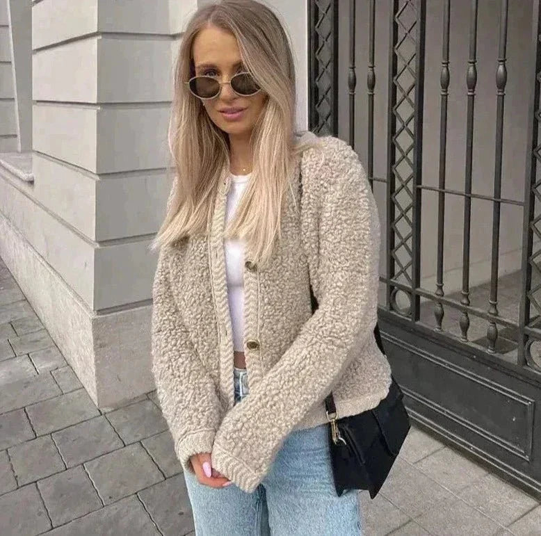 Gilet teddy pour femmes, chaud et doux avec boutons et poches
