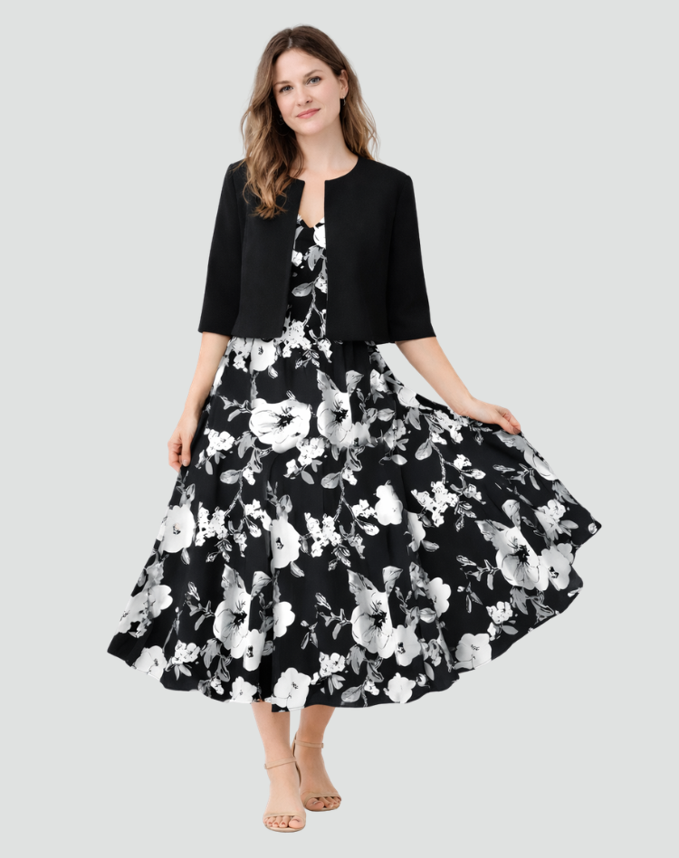Ensemble deux pièces avec robe midi fleurie et veste courte