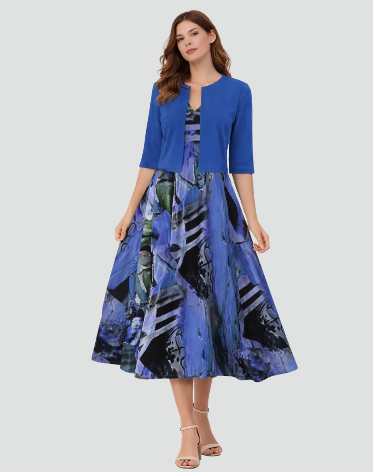 Ensemble deux pièces avec robe midi fleurie et veste courte