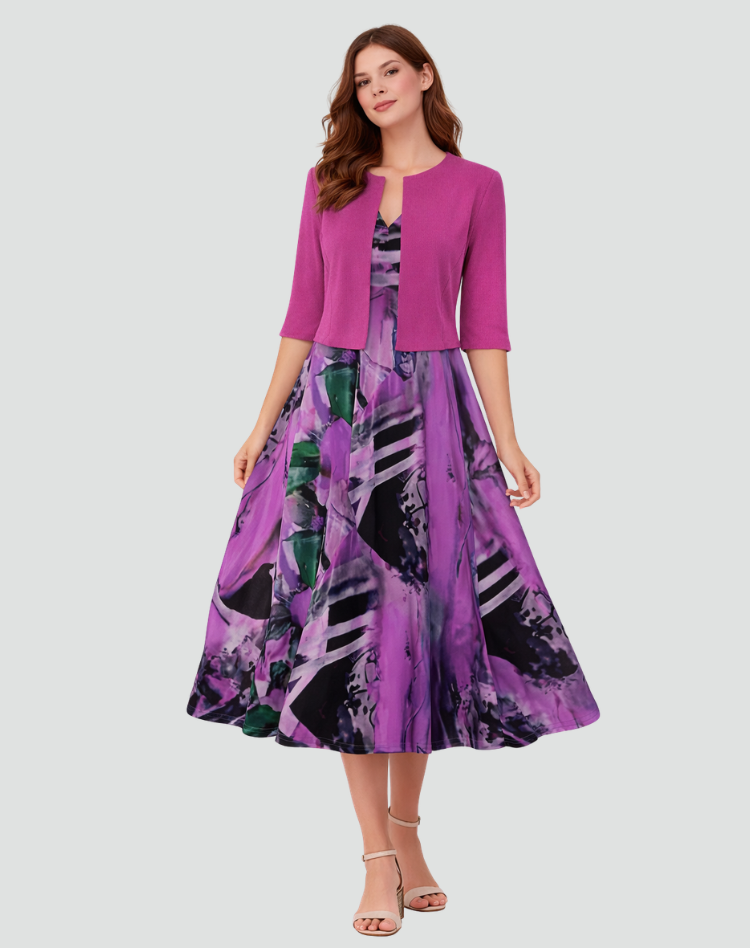 Ensemble deux pièces avec robe midi fleurie et veste courte