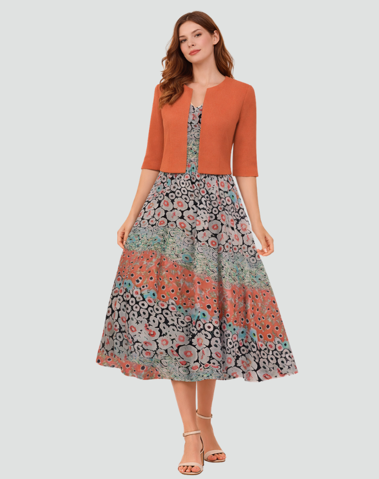 Ensemble deux pièces avec robe midi fleurie et veste courte