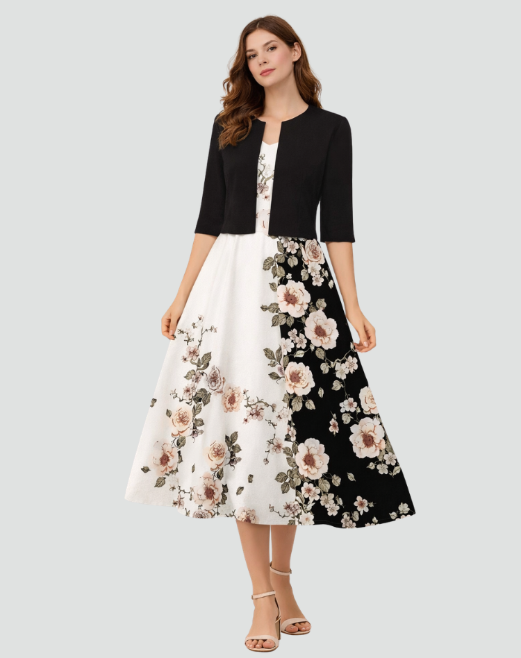 Ensemble deux pièces avec robe midi fleurie et veste courte