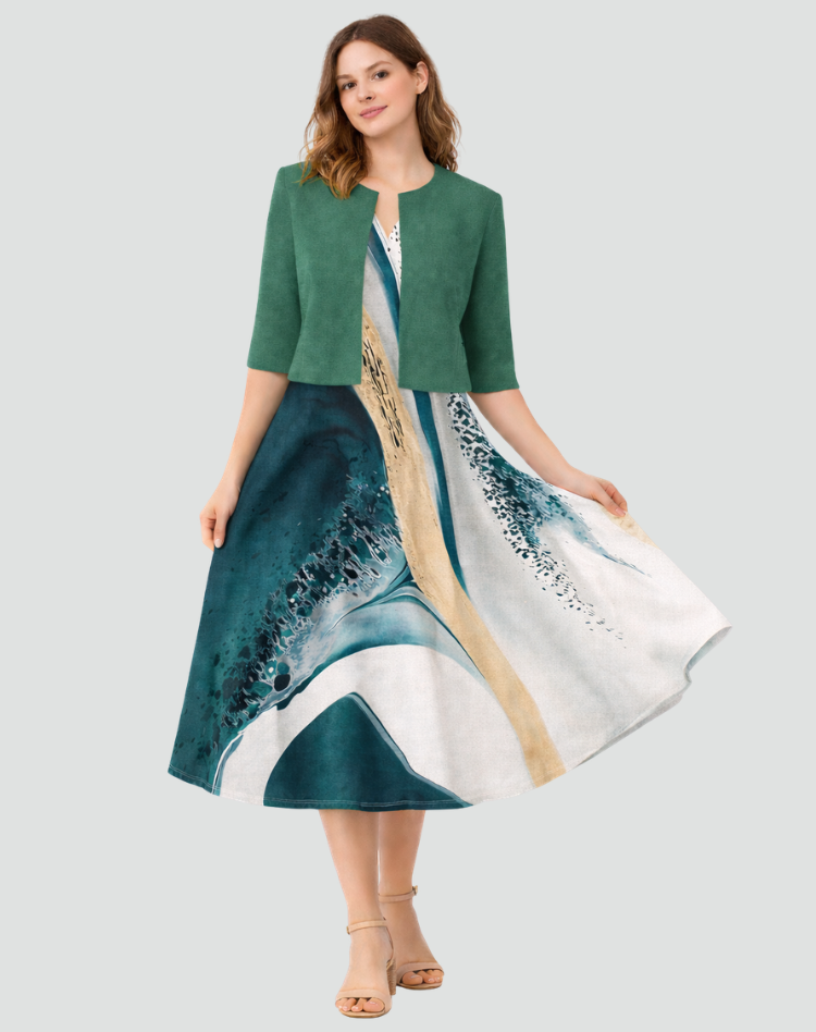 Ensemble deux pièces avec robe midi fleurie et veste courte