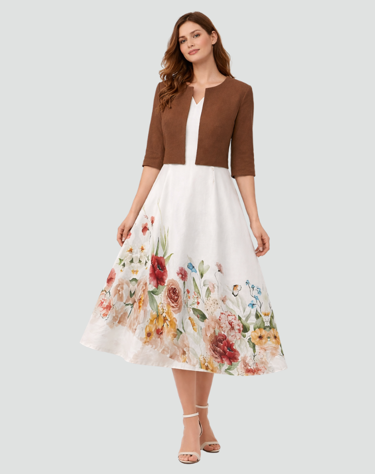 Ensemble deux pièces avec robe midi fleurie et veste courte