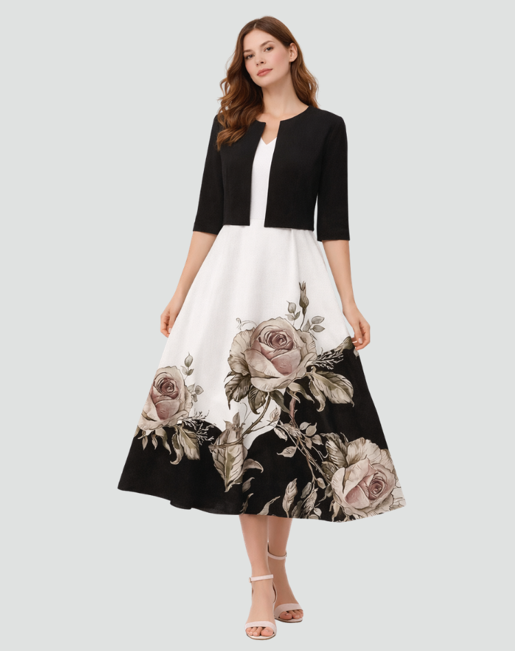 Ensemble deux pièces avec robe midi fleurie et veste courte