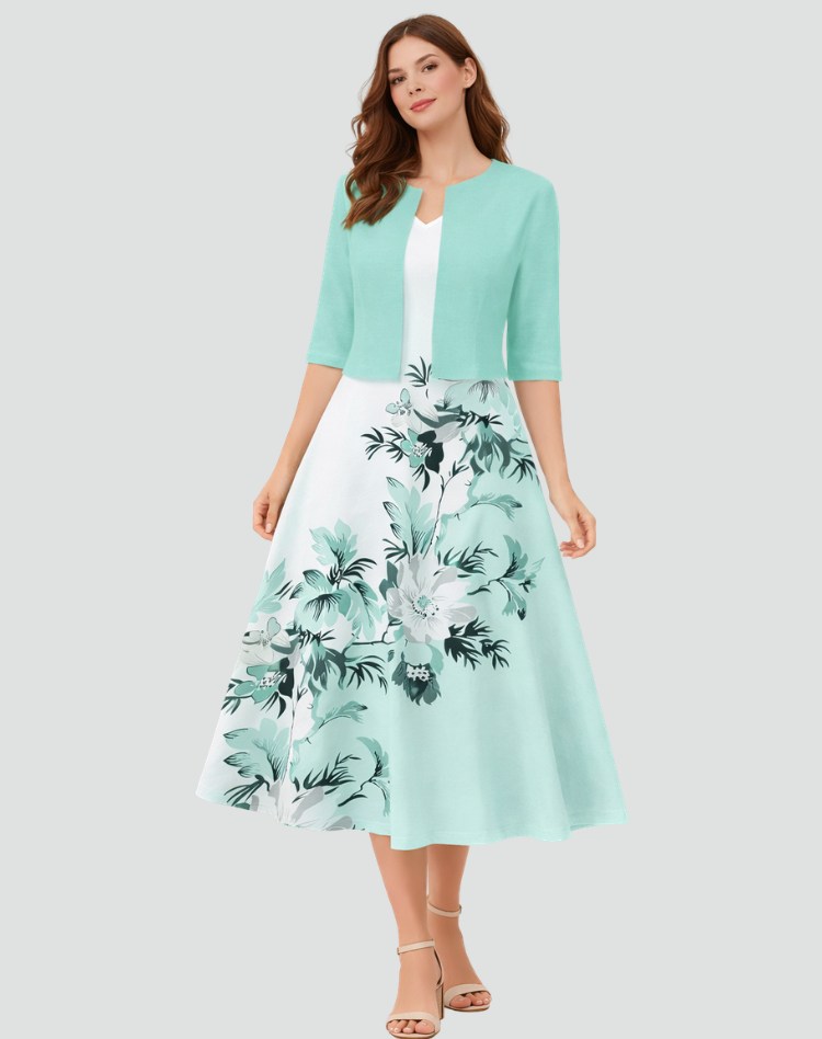 Ensemble deux pièces avec robe midi fleurie et veste courte