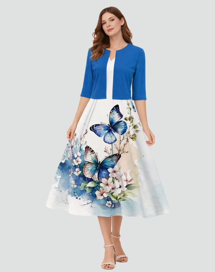 Ensemble deux pièces avec robe midi fleurie et veste courte