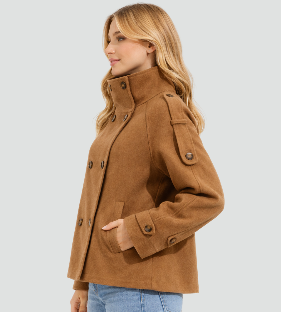 Short Pea Coat for Women with High Collar and Double Button Closure