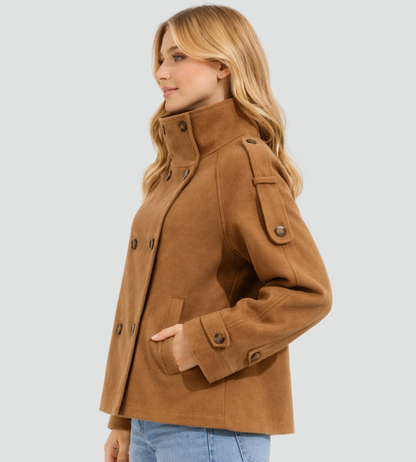 Korte Pea Coat voor Dames met Hoge Kraag en Dubbele Knoopsluiting