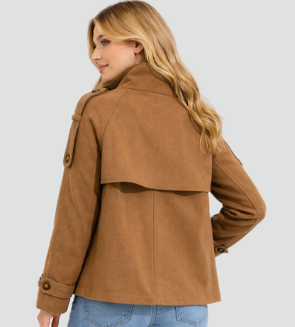 Korte Pea Coat voor Dames met Hoge Kraag en Dubbele Knoopsluiting