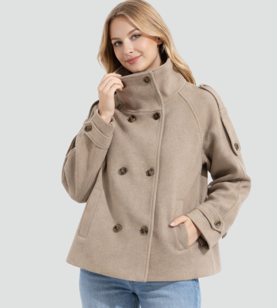 Korte Pea Coat voor Dames met Hoge Kraag en Dubbele Knoopsluiting