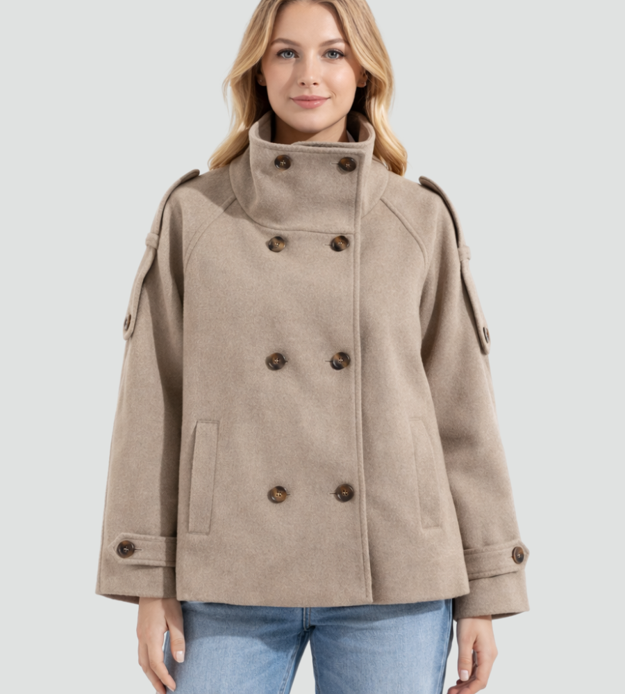 Short Pea Coat for Women with High Collar and Double Button Closure