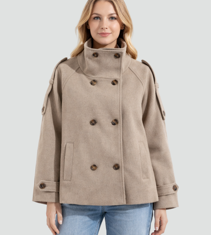 Korte Pea Coat voor Dames met Hoge Kraag en Dubbele Knoopsluiting
