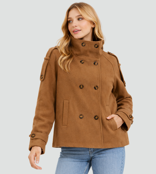 Korte Pea Coat voor Dames met Hoge Kraag en Dubbele Knoopsluiting