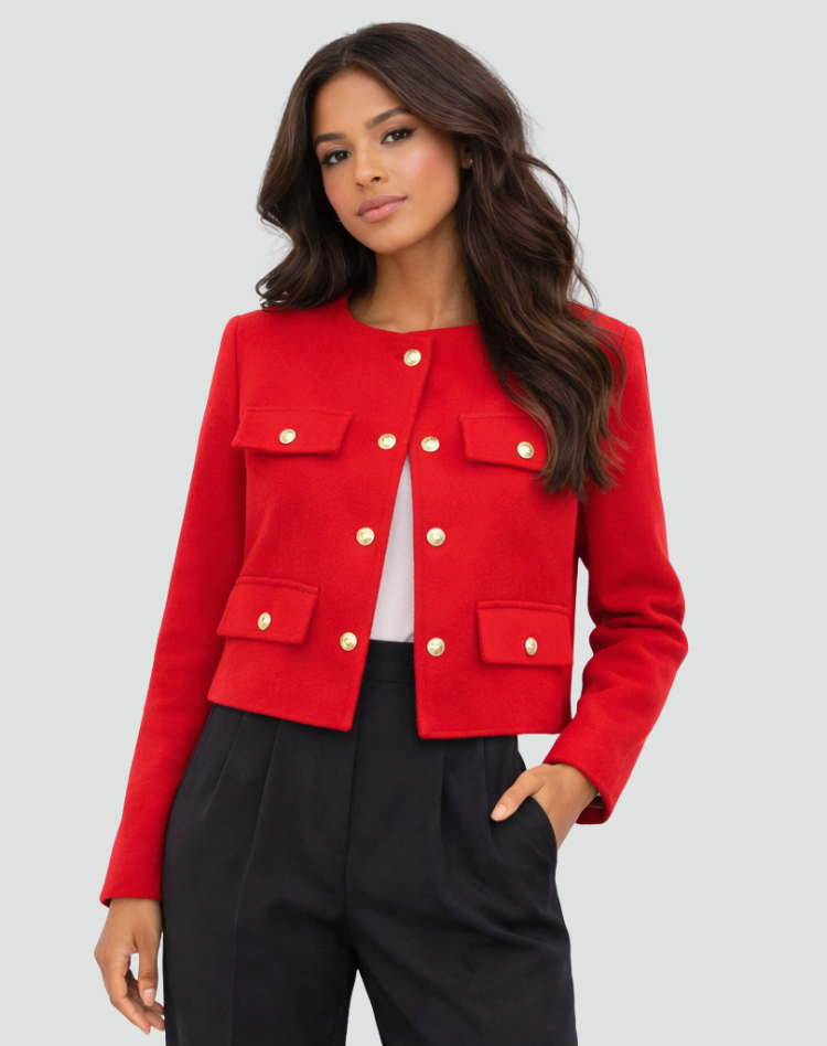 Short Blazer with Gold Buttons and Flap Pockets for Women