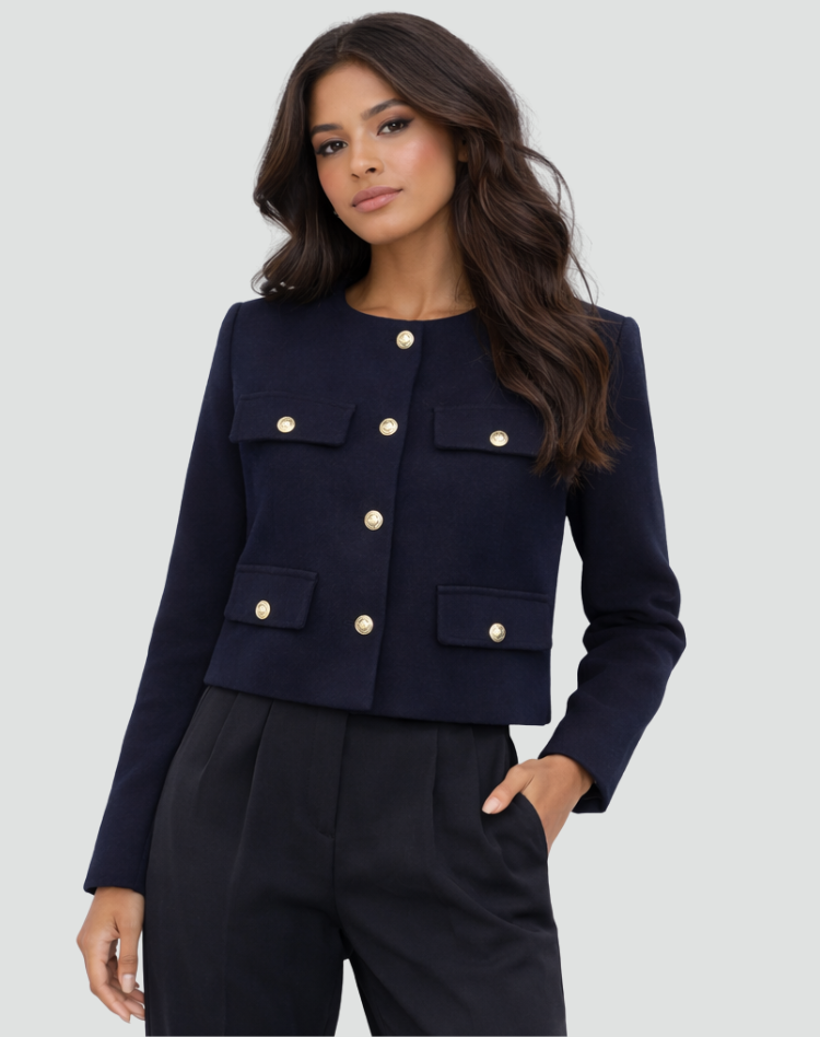 Short Blazer with Gold Buttons and Flap Pockets for Women