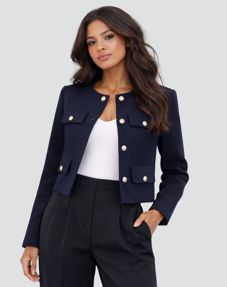 Short Blazer with Gold Buttons and Flap Pockets for Women