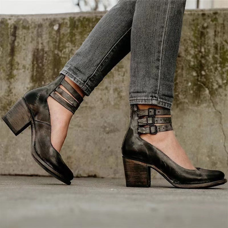 Vintage Women's Pumps with Strap Buckles and Block Heel