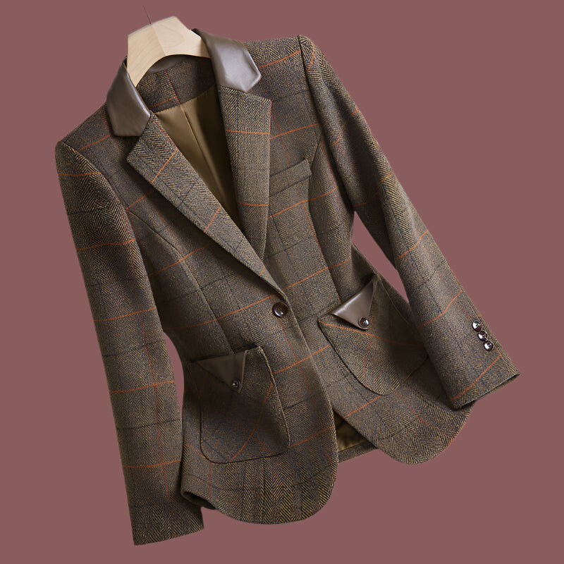 Bruine Geruite Elegante Leerlook Dames Blazer