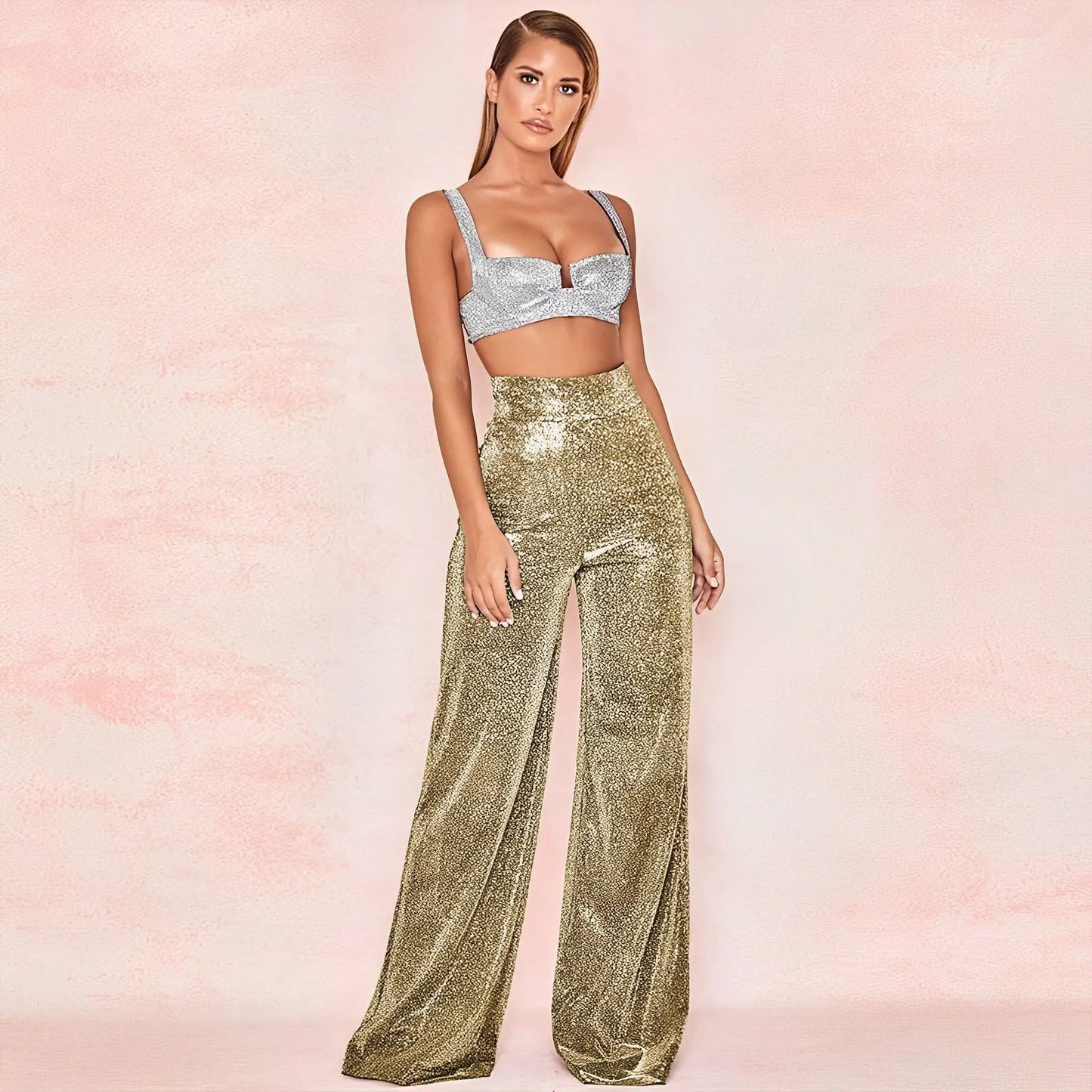 Glitter Hoge Taille Wijde Broek Voor Vrouwen