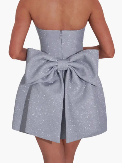 Zilveren Glitter Cocktailjurk Strapless Mini met Grote Strik voor Vrouwen
