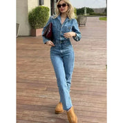 Trendy Vrouwen Denim Jumpsuit met Lange Mouwen en Knoopsluiting