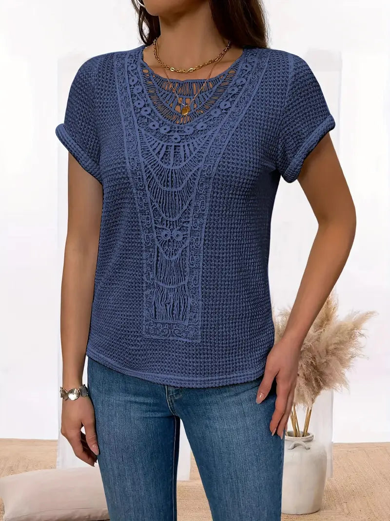 Crocheted Short Sleeve Top for Women in Boho Style