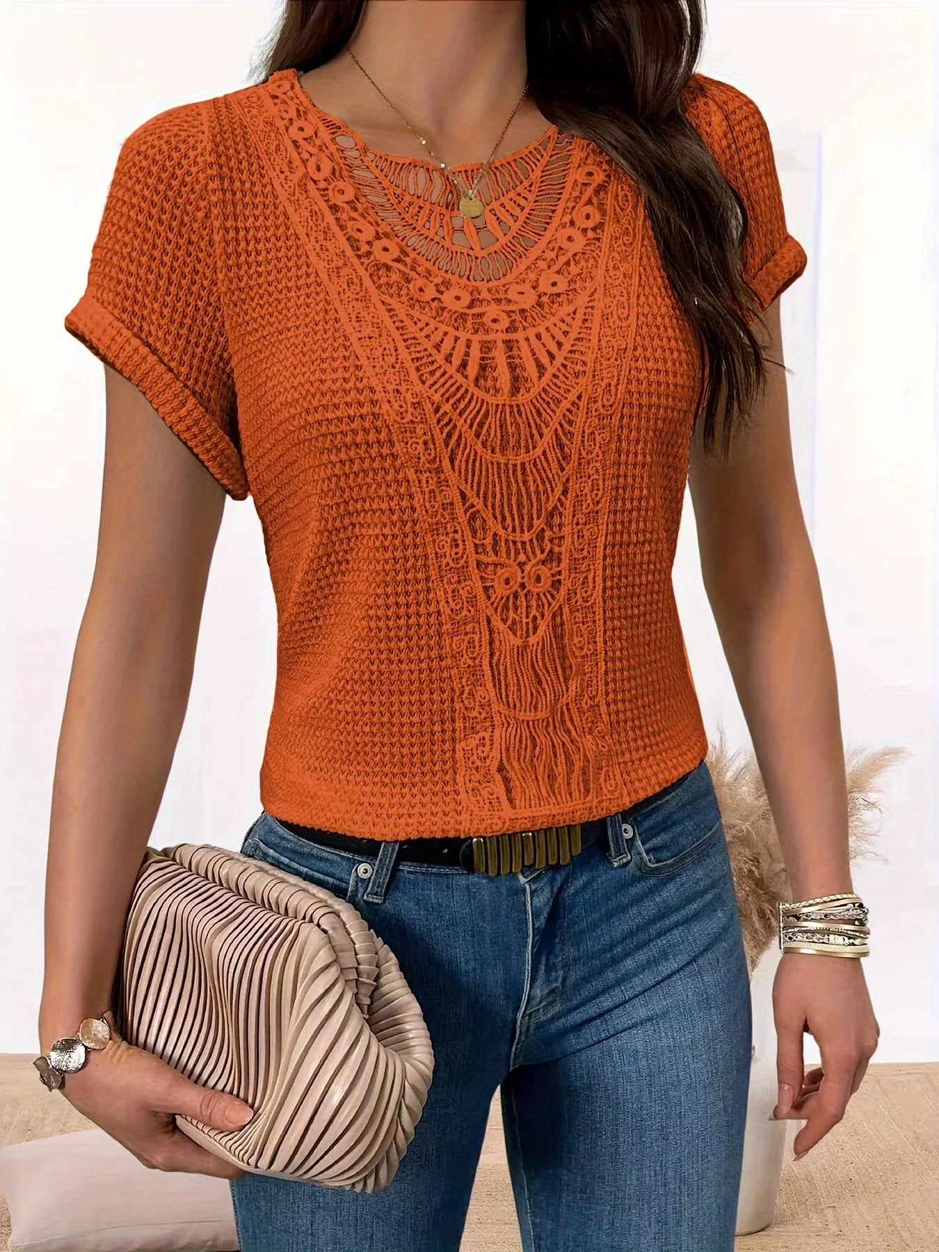 Crocheted Short Sleeve Top for Women in Boho Style