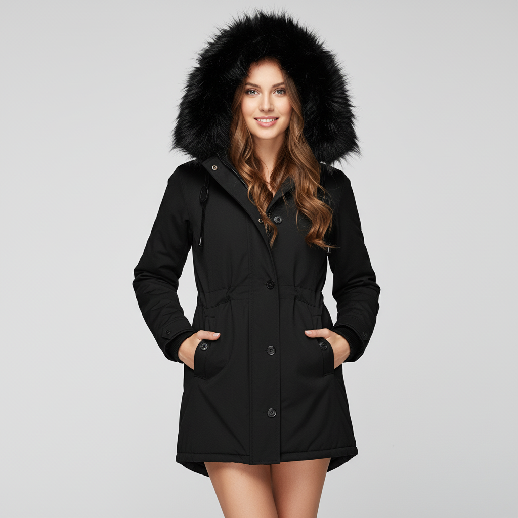 Dames Parka Jas met Imitatiebontcapuchon en Verstelbare Taille