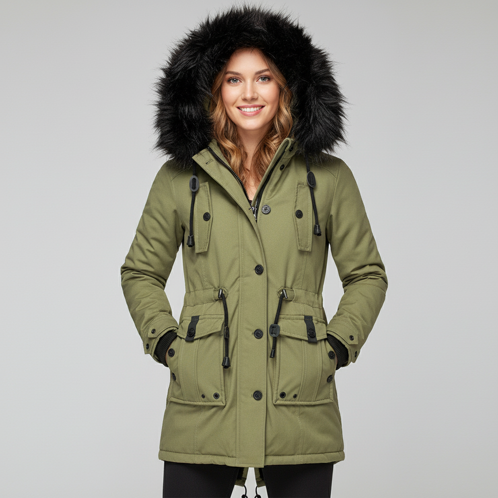 Dames Parka Jas met Imitatiebontcapuchon en Verstelbare Taille