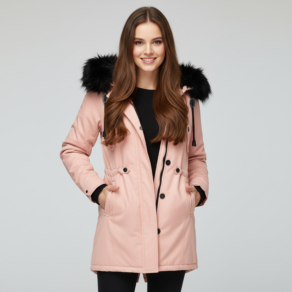 Dames Parka Jas met Imitatiebontcapuchon en Verstelbare Taille