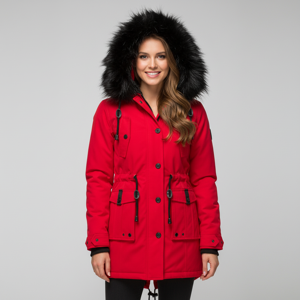 Dames Parka Jas met Imitatiebontcapuchon en Verstelbare Taille