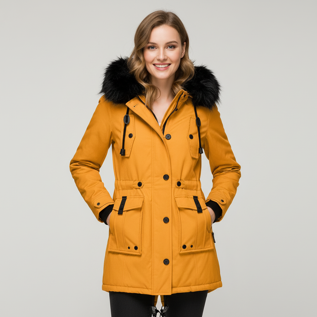 Dames Parka Jas met Imitatiebontcapuchon en Verstelbare Taille