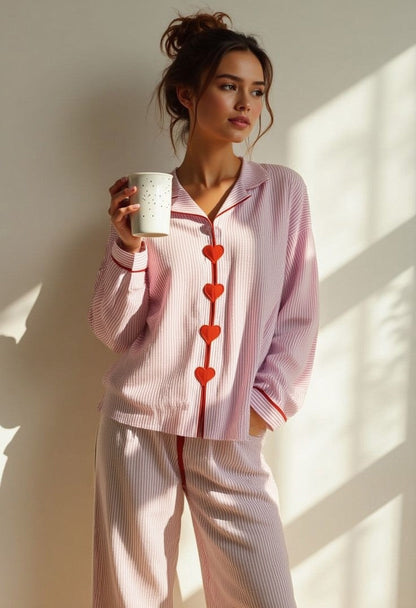 Comfortabele Pyjama Set Dames Tweedelig Met Hartjes Knoopjes