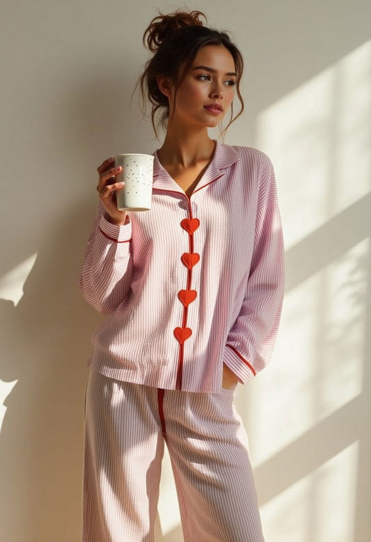 Comfortabele Pyjama Set Dames Tweedelig Met Hartjes Knoopjes