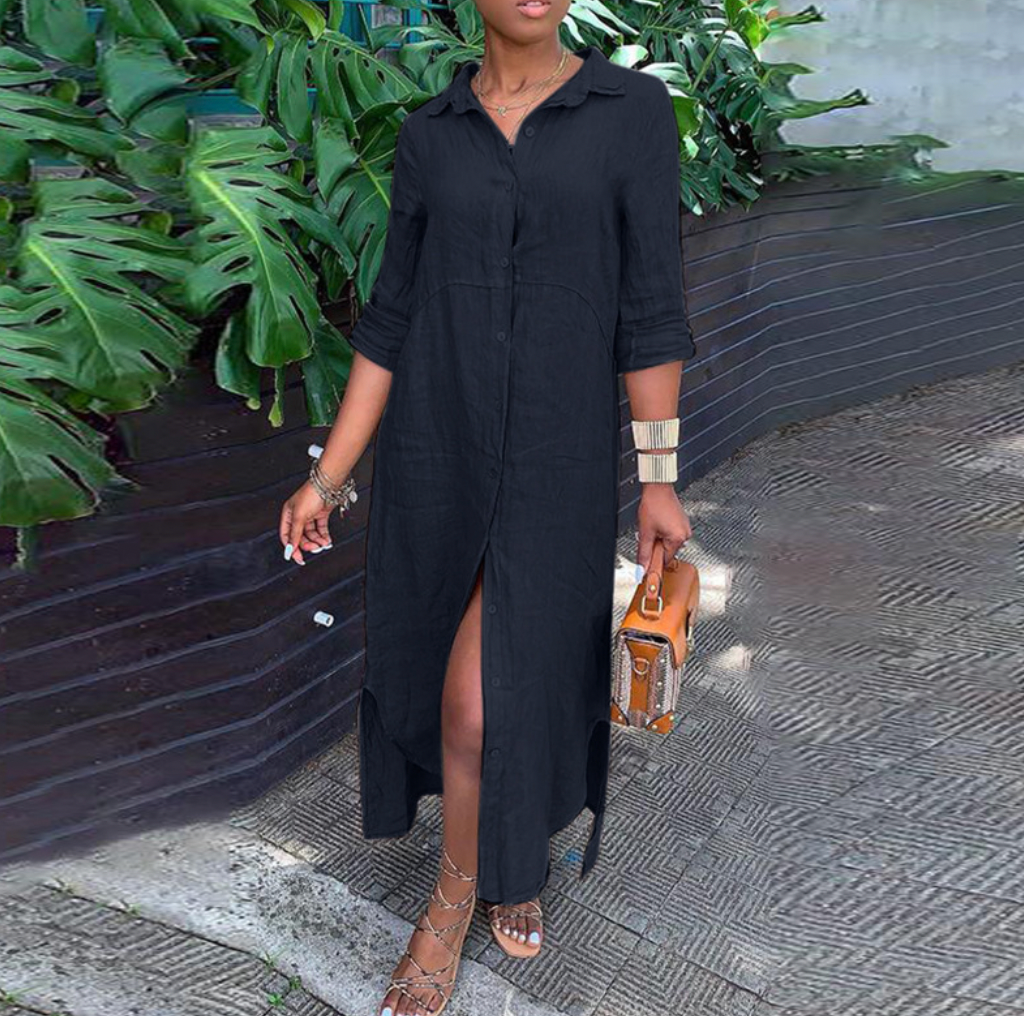 Zomerse Linnen Maxi Overhemdjurk Met Lange Mouwen Voor Dames