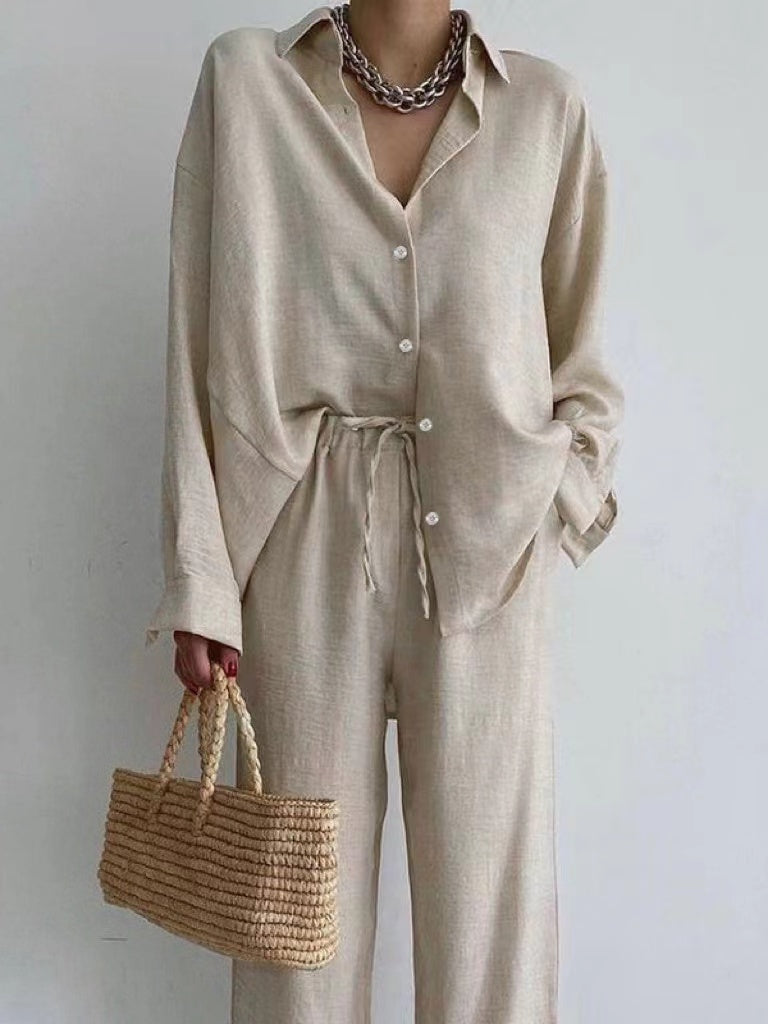 Dominique - Linnen set met blouse en wijde pijpen