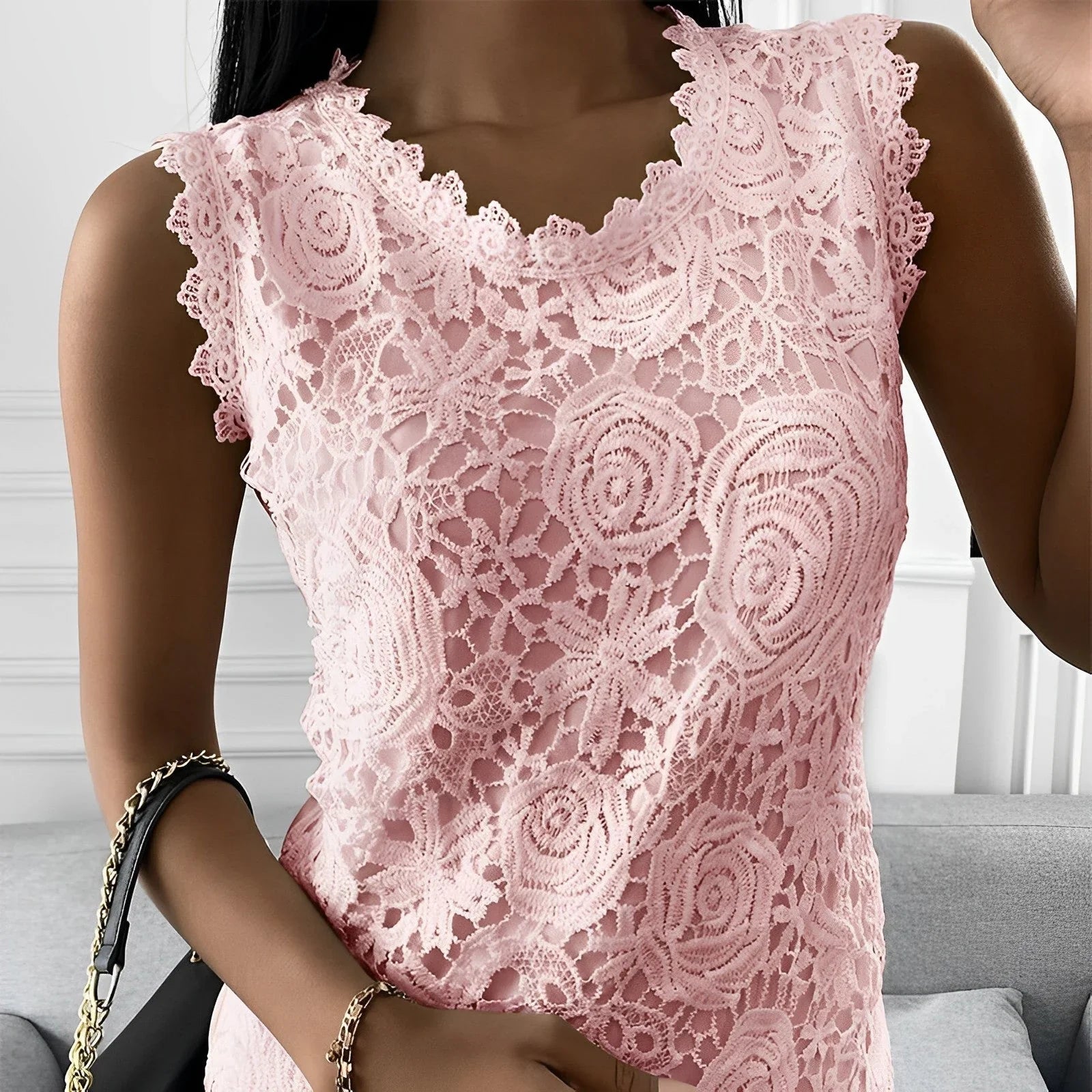 Sleeveless Lace Top with Floral Pattern for Women