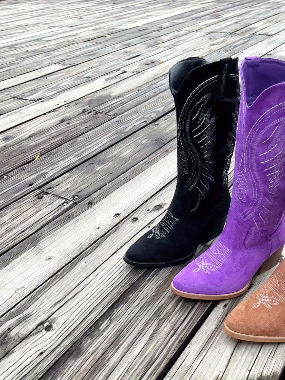 Dames Stoere Suède Cowboylaarzen Met Borduursel En Blokhak