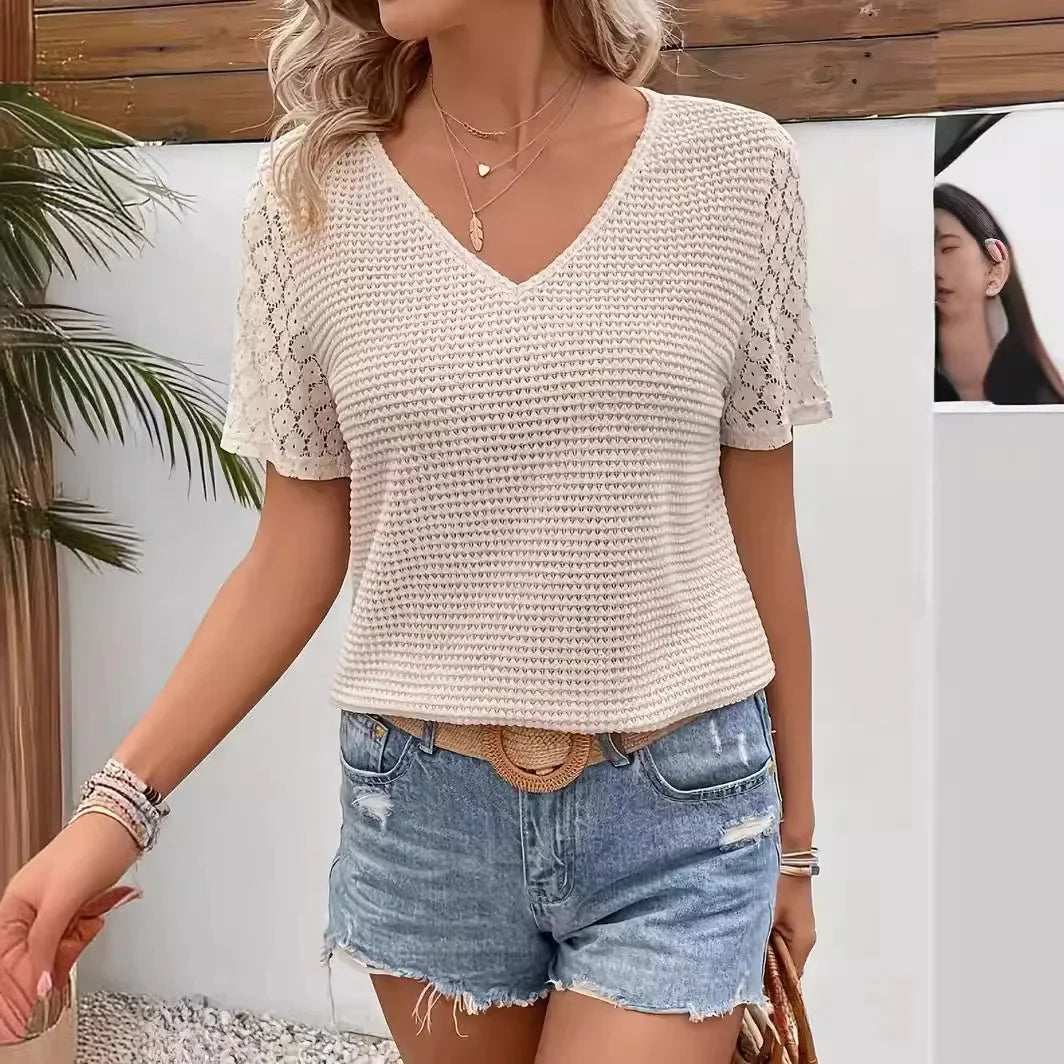 Top en crochet à col en V et manches courtes pour femmes
